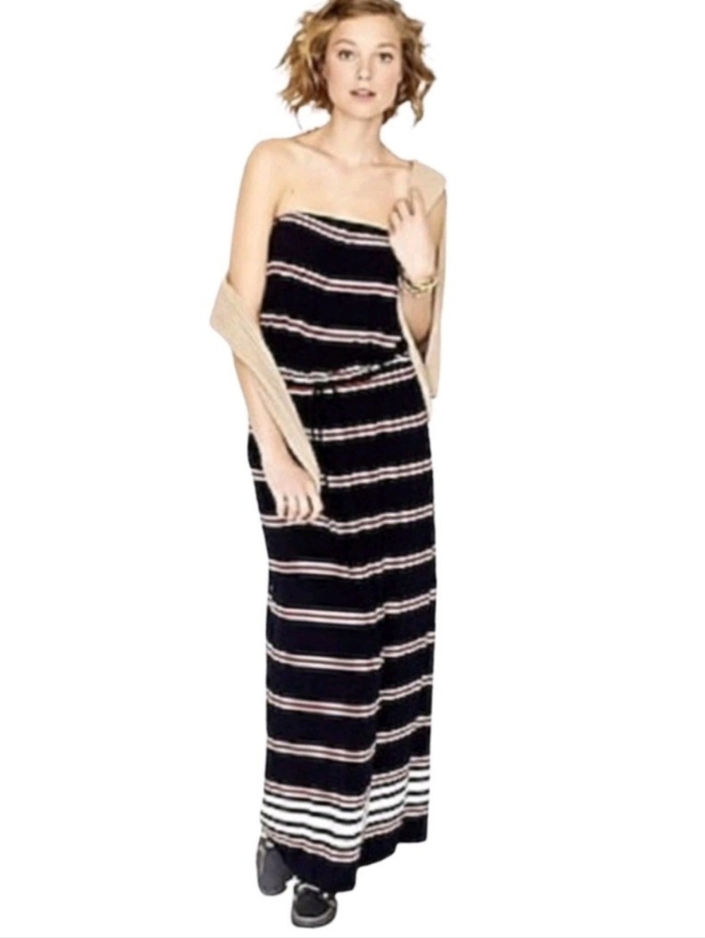 J.CREW Women's Amie Strapless Stripe Knit Maxi Dress Navy Blue White, EUC, S